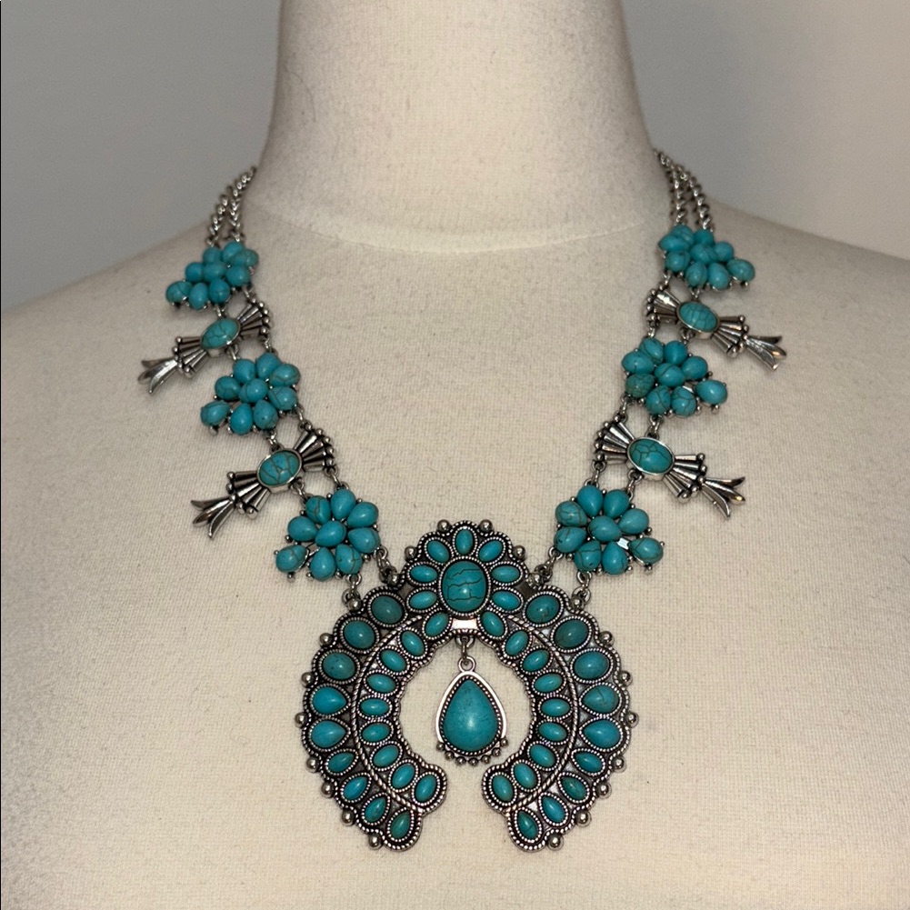Blue And Silver Squash Blossom Necklace With Turquoise Accents